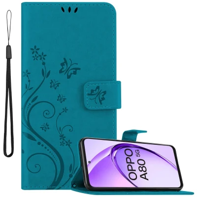 Afbeelding van Cadorabo Hoesje geschikt voor Oppo A80 in BLOEMEN BLAUW Beschermhoes bloemmotief met magnetische sluiting, standfunctie en kaartsleuven Book Case Cover Etui