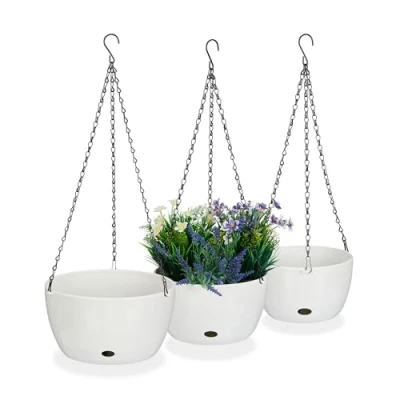 Afbeelding van Relaxdays hangpot met opvangbakjes set van 3 hangende plantenpotten andere grootttes