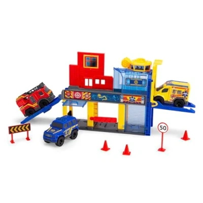 Afbeelding van Dickie Toys 203713017 SOS mini reddingsstation en 3 Mercedes Benz gelicentieerde voertuigen, politieauto, brandweerwagen ambulance, lift, oprijplaat.