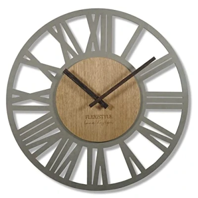 Afbeelding van FLEXISTYLE Loft Grote wandklok voor volwassenen, diameter 50 cm, eikenhout, geen tikkend geluid, woonkamer (grijs/eiken)