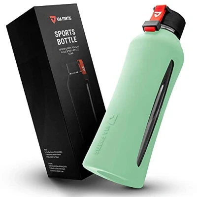 Afbeelding van VIA FORTIS® Glazen fles met hoogwaardige siliconen hoes, waterfles voor sport, fitness, sportschool, fiets en kantoor, onbreekbaar BPA vrij, 550 ml
