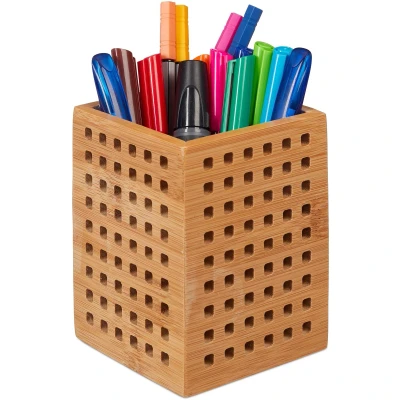 Afbeelding van Relaxdays 2x pennenbak bamboe houten box pennenhouder kantoor landhuisstijl bruin
