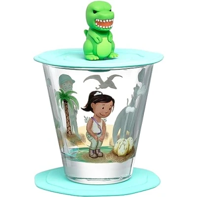 Afbeelding van LEONARDO Bambini Avventura Set van 3 kinderglazen met deksel en schoteltje Hoogwaardig glazen motiefglas Maat S Inhoud: 215 ml Vaatwasmachinebestendig