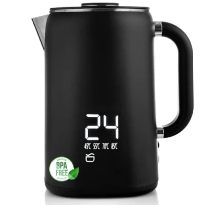 Afbeelding van Lehmann Waterkoker van roestvrij staal met temperatuurbehoud, 1,7 liter, temperatuurregeling 45 100 C, thermostaat en touchscreen, anti vingerafdruk, BPA vrij, zwart