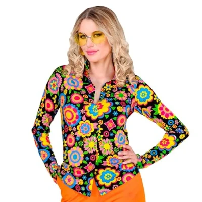 Afbeelding van W WIDMANN MILANO Party Fashion Damesblouse uit de jaren 60 hippie reggae flower power disco fever uitlopend patroon