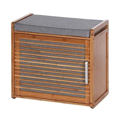 Afbeelding van WENKO Entreebank en schoenenkast van hout Bahari schoenenopslag met 2 planken voor 4 paar schoenen gevoerde zitting bamboe polyester 50 x 45 33 cm grijs bruin