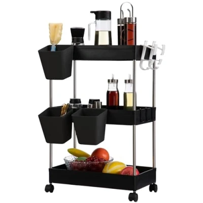 Afbeelding van DOEWORKS Opbergwagen met 3 niveaus, rolwagen hangende kopjes, opbergrek voor keuken, badkamer, slaapkamer, kantoor, zwart