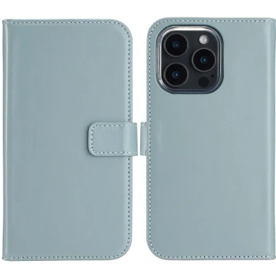 Afbeelding van Selencia Hoesje Geschikt voor iPhone 16 Pro Max Met Pasjeshouder Echt Lederen Bookcase lichtblauw