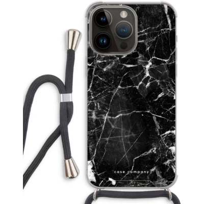 Afbeelding van Case Company® hoesje met Koord geschikt voor iPhone 14 Pro Max Zwart Marmer Telefoonhoesje Extra Bescherming aan alle Kanten en Over de Schermrand
