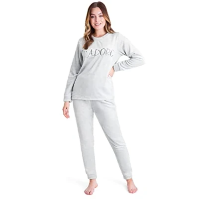 Afbeelding van CityComfort Pyjama voor dames, pyjamaset warm, van fleece, nachtkleding dames en jongeren, cadeau idee haar, Lichtgrijs