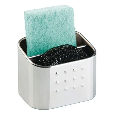 Afbeelding van iDesign keukensponshouder, kleine sponshouder van staal met 2 vakken, keukenaccessoires voor spons, afwasschraper of zeep, mat zilver