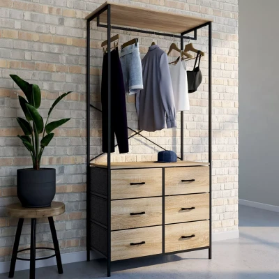 Image de Dressing penderie industriel bois et noir avec 6 bacs IDMarket