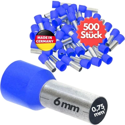 Afbeelding van 500 stuks Kalitec AE07506HBL adereindhulzen geïsoleerd 0,75 mm² 6 mm lang lichtblauw I Made in Germany Industriële kwaliteit