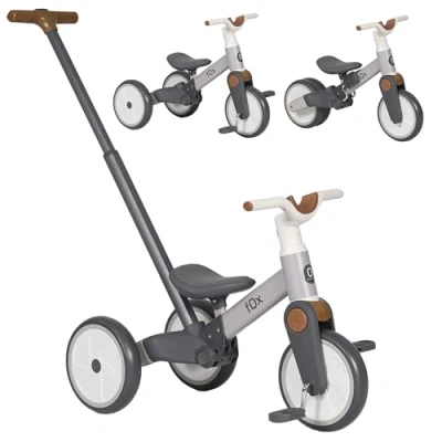 Afbeelding van Olmitos Fox 5 in 1 babydriewieler, loopfiets en pedalen voor kinderen van 18 maanden tot 3 jaar, veilig leuk, looploze driewieler baby&#039;s, grijs