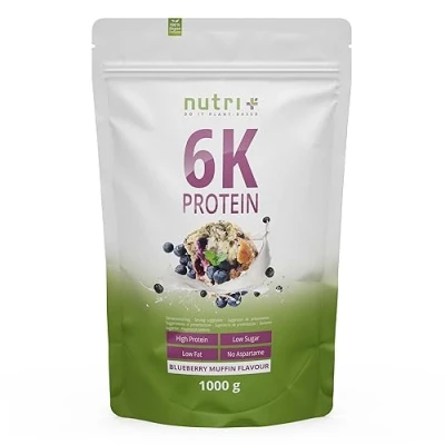 Afbeelding van nutri+ 6K Protein Eiwitpoeder Blueberry Muffin Veganistisch proteïnepoeder met eiwitten uit zes plantaardige grondstoffen Eiwit Shake 1000 g