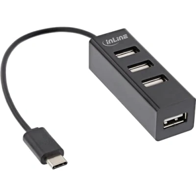 Afbeelding van InLine USB 2.0 4 poorts hub (USB C, 4 Havens), Docking station + hub, Zwart