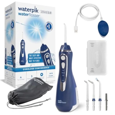 Afbeelding van Waterpik WP583 Monddouche draadloos Cordless Advanced , 4x opzetstukken, drukbereik instelbaar (3,1 tot 5,2 bar) via 3 drukinstellingen, inductielaadsysteem, Blauw, ( Opvolger v.d. WP563 )
