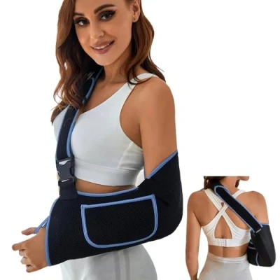 Afbeelding van XFSRG Echarpe De Bras Attelle Coude Armschlinge Schulter Gaine Pour Avec Sac Rangement Epaule Droite Femme Et Homme Réglable Coudiere Tendinite(Bleu Noir, M)