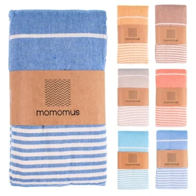 Afbeelding van MOMOMUS XXL stranddoek met franjes en 100% katoen, ideaal als groot zandvrij strandlaken, picknickdeken, zandvrije reuzenpareo, zwembadmat, blauw, 210 x 240 cm