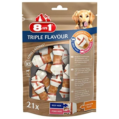 Afbeelding van 8in1 Delights Kauwknook Triple Flavour Hondensnacks Kip Varken Rund 294 g 21 stuks Xs