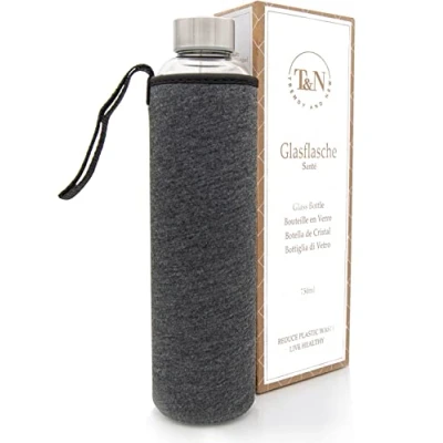 Afbeelding van glazen fles, 750 ml, drinkfles van 0,75 l, met neopreen hoes, lekvrij, dik borosilicaatglas, geschikt voor koolzuur