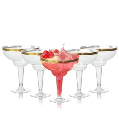 Afbeelding van MATANA 12 Herbruikbare Plastic Margarita Cocktailglazen 360ml met Gouden Rand