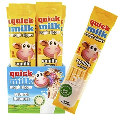 Afbeelding van 20 zakjes van 5 Quick Milk magische melkrietjes vanille rietjes (totaal: 100 rietjes)