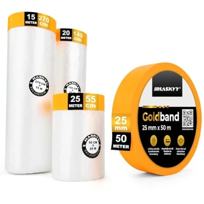 Afbeelding van HASKYY Set van 4 professionele afdekfolie voor de bouw 55 cm x 25 m 140 20 270 15 82,25 m² met goudkleurig plakband