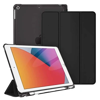 Afbeelding van Fintie Hoes voor iPad 10.2 inch 9e Generatie 2021/ 8e Gen. 2020 / 7e 2019 met Pencil Houder, Ultradun Superlicht Beschermhoes Transparante Achterkant Automatische Slaap waak, Zwart