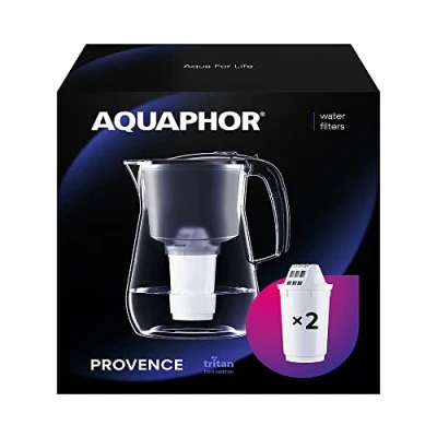 Afbeelding van AQUAPHOR Provence waterfilter zwart met 2 A5 filters, karaf voor 4,2 liter, grote glaslook, vermindert kalk en chloor, tafelwaterfilter, elegante container, perfect het gezin