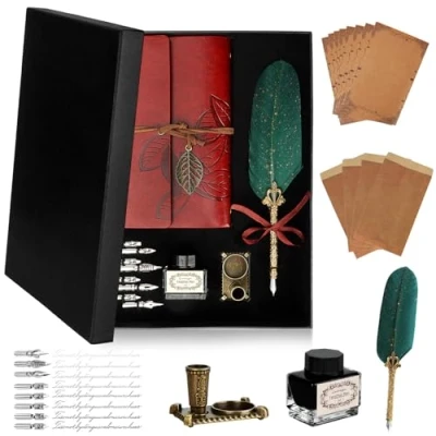 Afbeelding van KIMIGO Inktset, vulpen, duikpen, vulpen met penhouder, leren notitieboek, inkt, 8 reservepunten, briefpapier en enveloppen, schrijfset voor ideeën