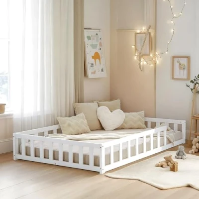 Afbeelding van Homestyle4u 2838 Vloerbed, 120 x 200 cm, wit, Montessori voor kinderen, met valbescherming, hout, lattenbodem
