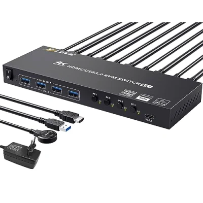 Afbeelding van KVM switch USB 3.0 HDMI 4 PC 1 monitor, schakelaar, poorten, K @ 60 Hz EDID, gesimuleerd, apparaten, 3.0, draadloze muis, printertoetsenbord, met 5 kabels en bekabelde