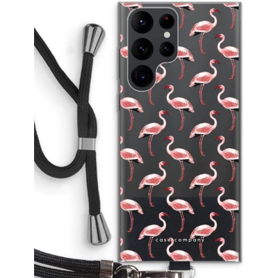 Afbeelding van Case Company® hoesje met Koord geschikt voor Samsung Galaxy S22 Ultra Flamingo Telefoonhoesje Zwart Bescherming aan alle Kanten en Over de Schermrand