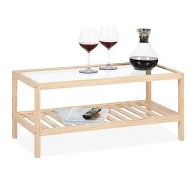 Afbeelding van Relaxdays salontafel met glazen blad houten koffietafel opbergruimte woonkamer