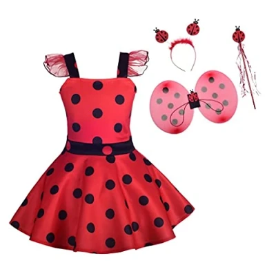 Afbeelding van Lito Angels Ladybug kostuum lieveheersbeestje met vleugels en accessoires voor kinderen, meisjes, rode jurk stippen, verjaardag, feest, carnaval, maat 10 12 jaar (etiket van stof 160)