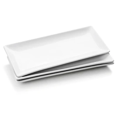 Afbeelding van Serveerplateau wit, Rechthoekig, 3 delige set, porseleinen borden, groot, 36 x 15 cm, lange serveerborden, rechtse bordenset, bord wit voor dessert, sushi, vlees, vis,