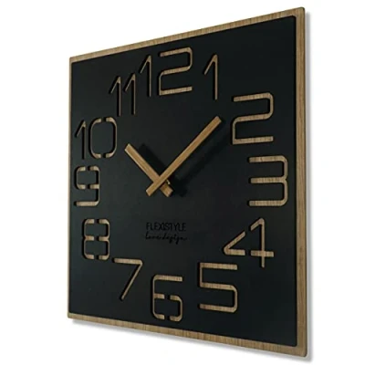 Afbeelding van flexistyle Grote houten wandklok Digits ECO, vierkant, stil, woonkamer, slaapkamer, gemaakt in de EU (zwart, 40 cm)