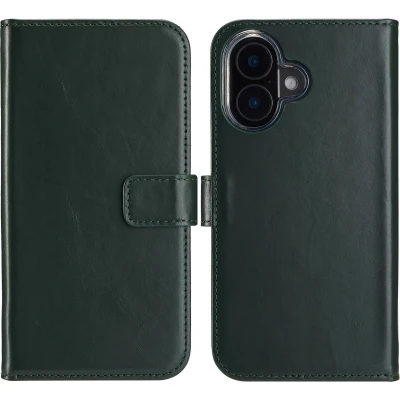 Afbeelding van Selencia Hoesje Geschikt voor iPhone 16 Met Pasjeshouder Echt Lederen Bookcase Groen