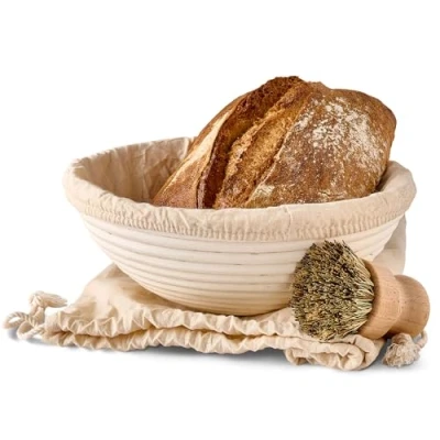 Afbeelding van Banneton voor brood, rond, van duurzaam rotan, 1 kg, 25 cm, bakkerijset met borstel, linnen stof en broodzak (25 cm)