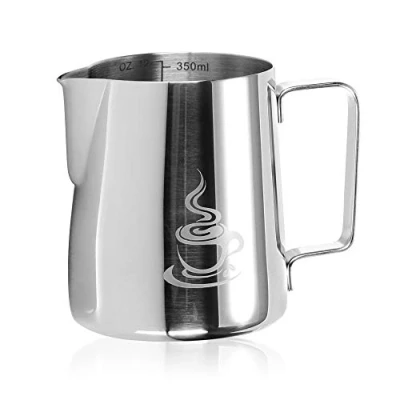 Afbeelding van COM FOUR® Melkpot, melkkan van roestvrij staal om op te schuimen, melkopschuimer 350 ml, met schenktuit en maatschaal (zilver, ml)