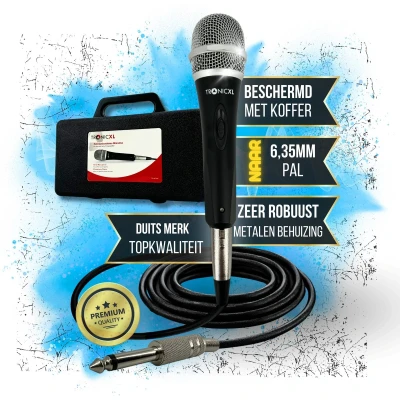 Afbeelding van TronicXL Microfoonset dynamisch 5 meter lange kabel jack plug 6,35 mm universele handmicrofoon microfoon zingen moderatie podium karaoke bruiloft zang bedraad (met koffer)