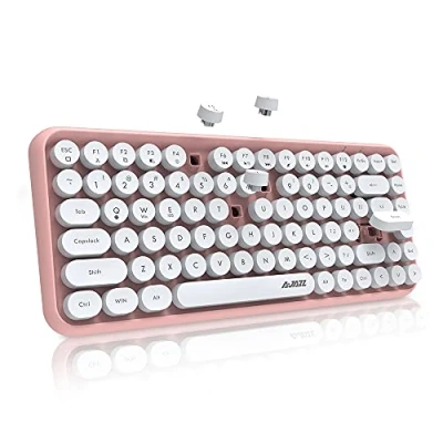 Afbeelding van FELiCON 308i retro toetsenbord, draadloos, Bluetooth 5.0, schattig en stil computertoetsenbord met compacte 84 ronde toetsen, matte textuur, typewriter design, QWERTY voor pc, Mac, laptop, roze