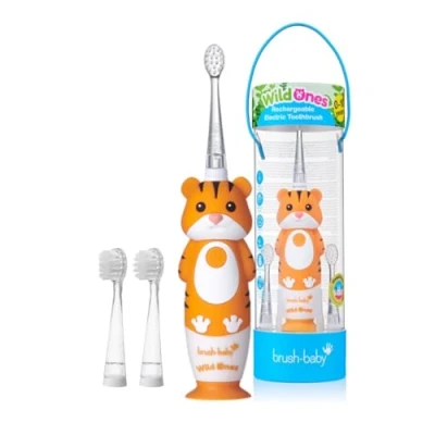 Afbeelding van Brush Baby Electrische Oplaadbare Kindertandenborstel WildOnes Toby de Tijger 0 10 jaar 3 opzetborstels 2 poetsstanden Timer &amp; Pulse Disco licht Zuignapvoet