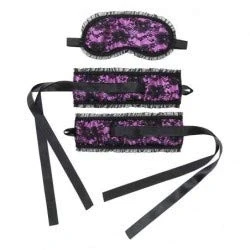 Afbeelding van Rimba Bondage Play Burlesque Handboeien en masker van satijn kant paars/zwart