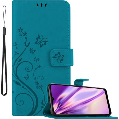 Afbeelding van Cadorabo Hoesje geschikt voor Samsung Galaxy A03s in BLOEMEN BLAUW Beschermhoes bloemmotief met magnetische sluiting, standfunctie en kaartsleuven Book Case Cover Etui