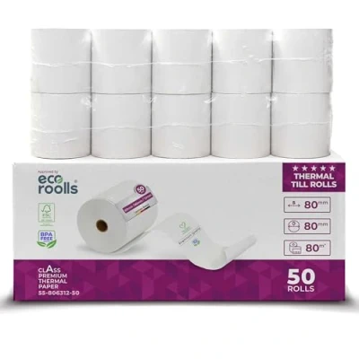 Afbeelding van Thermische rollen 80 mm x m 12 mm, kassarollen, bonusrollen voor kassa met snoepprinter, thermisch papier, BPA vrij (50 rollen)