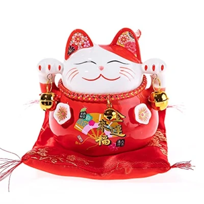 Afbeelding van lachineuse Chat Maneki Neko Tirelire Porte Bonheur Japonais Colori Rouge Statuette Cadeau Japon Porcelaine Objet Déco Nippon et Asie Chance, Fortune, Prospérité