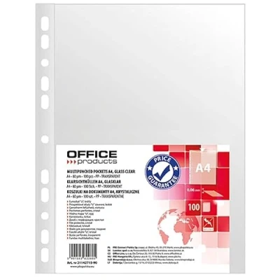 Afbeelding van Office Products 100 stuks A4 transparante geperforeerde plastic hoezen met versterkte randen 60 micron