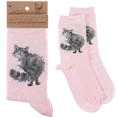 Afbeelding van Wrendale Designs sokken met patroon, Roze kat Glamour Puss, één maat, Puss